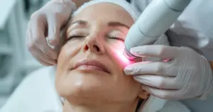 A relaxed woman with eyes closed receives laser treatment in Orlando FL on her cheek from a gloved technician in a bright, clean spa setting.