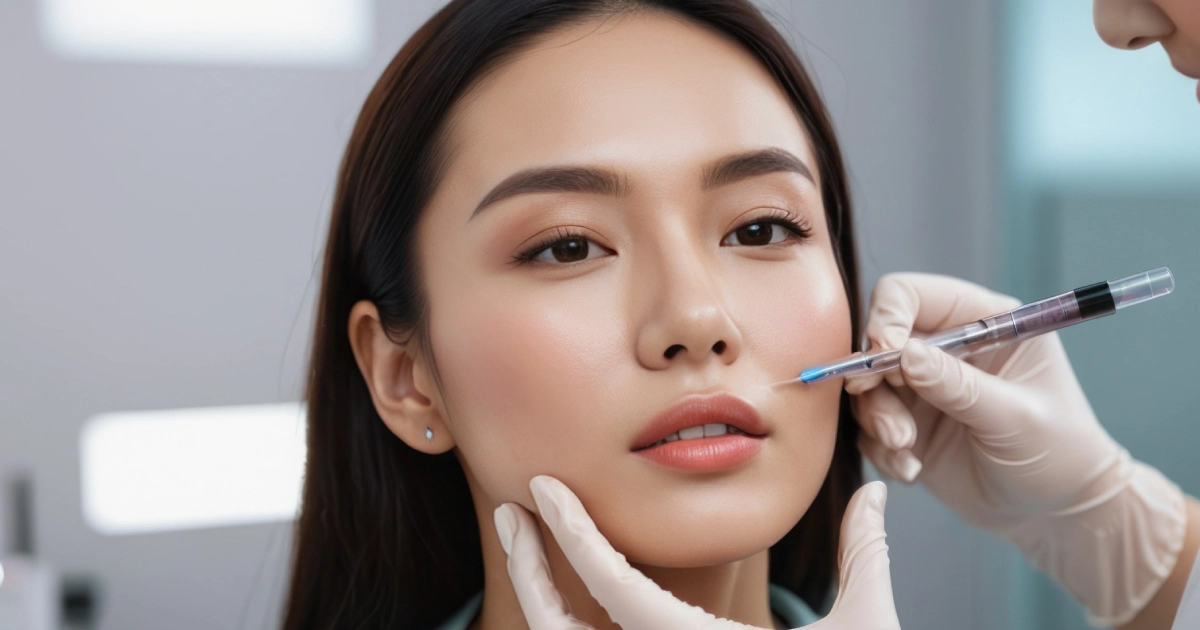 Close-up of a professional administering a dermal filler into a young woman's cheek in a bright clinical setting in Orlando, FL